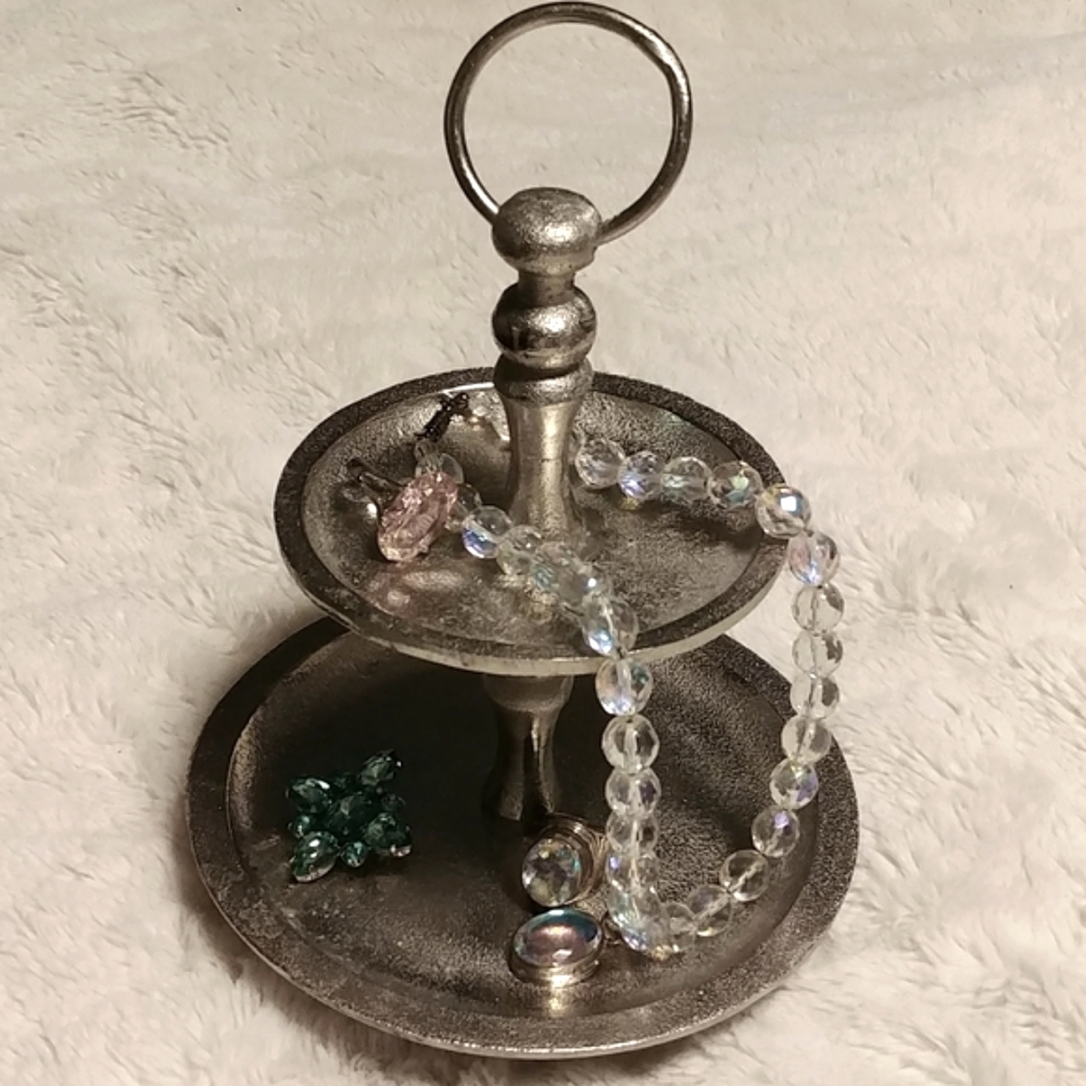 Silver Solid Hammered Metal 2 Tiered Jewelry Stand
